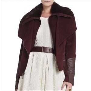 BCBGMaxazria Wine Wool Faux Fur Coat XXS